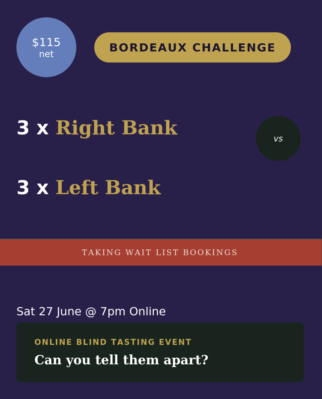 (image for) Blind Left vs Right Bank Bordeaux 2020 Tasting - Sat 27 June @ 18h00 - WAITING LIST